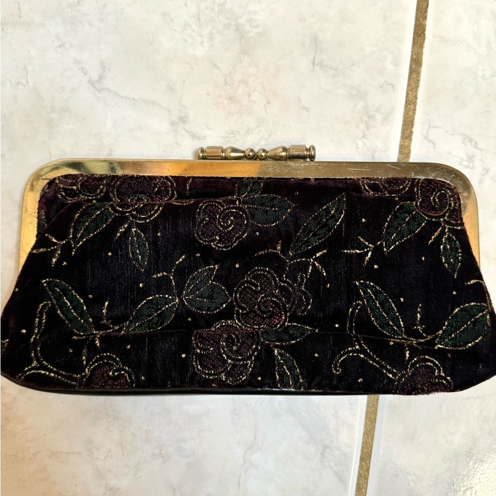 Dark Purple & Gold Velvet Floral Clutch